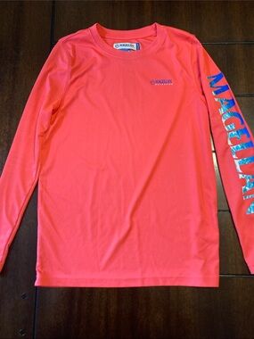Magellan Outdoors Kids Swim Rashguard - Neon Coral with Blue Logo